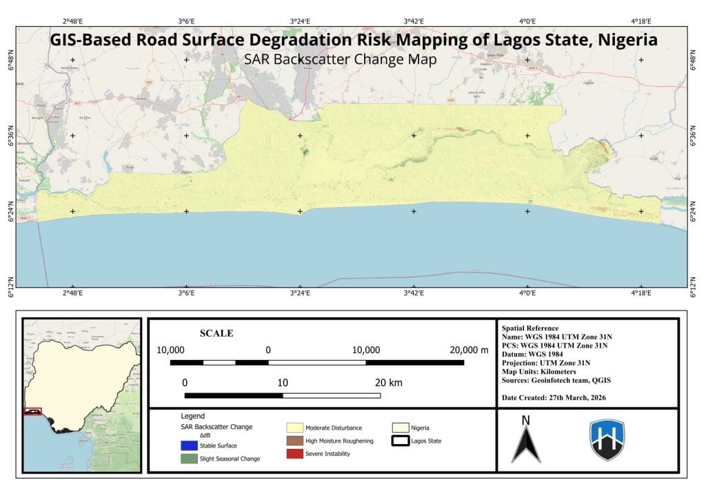 Sentinel-1 SAR backscatter change map showing moisture-driven road degradation risk across Lagos roads