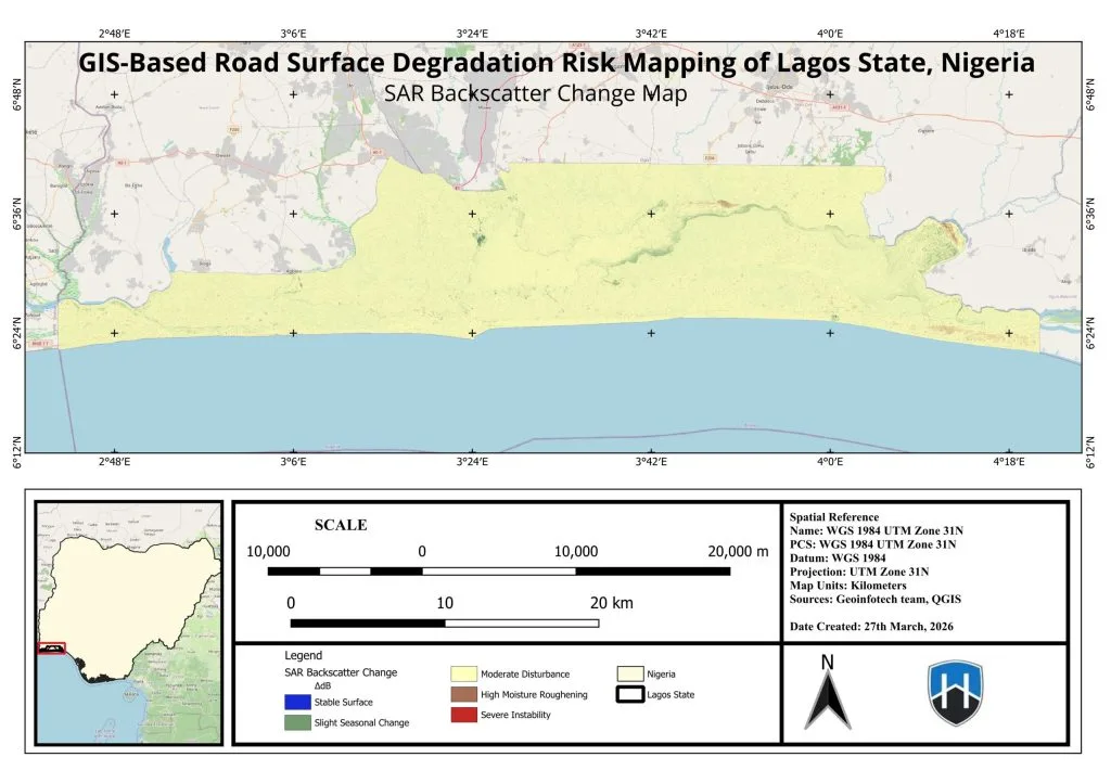Sentinel-1 SAR backscatter change map showing moisture-driven road degradation risk across Lagos roads