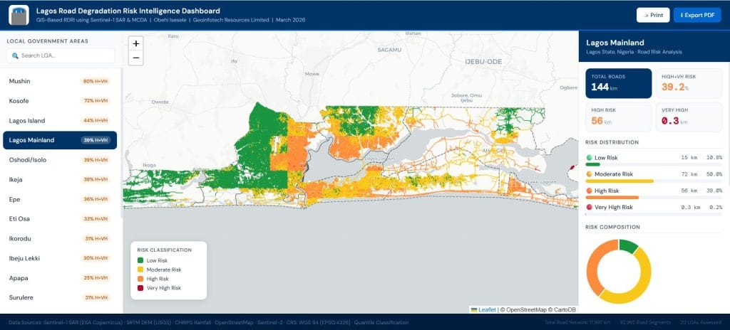 Interactive Lagos road degradation mapping dashboard with LGA navigator, Leaflet risk map, and intelligence card