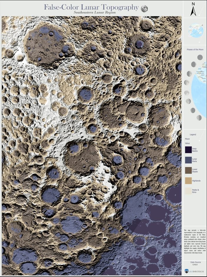 False-color lunar topography map of the southeastern Moon created using ArcGIS Pro and Blender