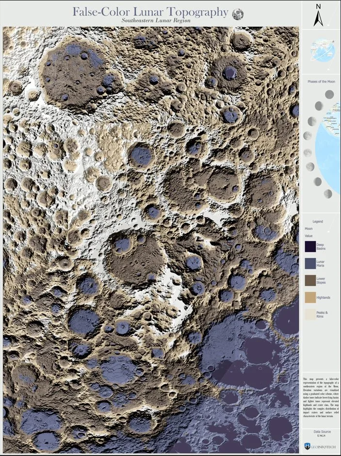 False-color lunar topography map of the southeastern Moon created using ArcGIS Pro and Blender